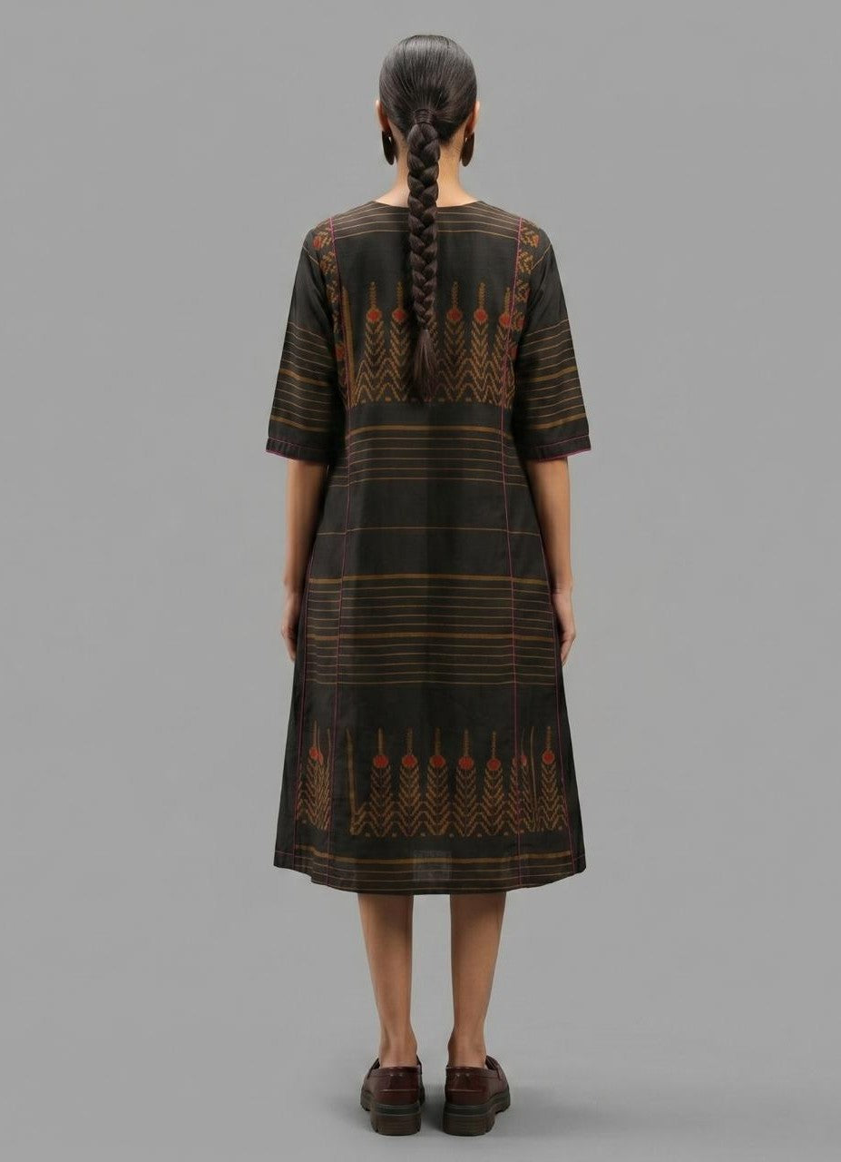 Handwoven Ikat Silk Anarkali Dress- Black