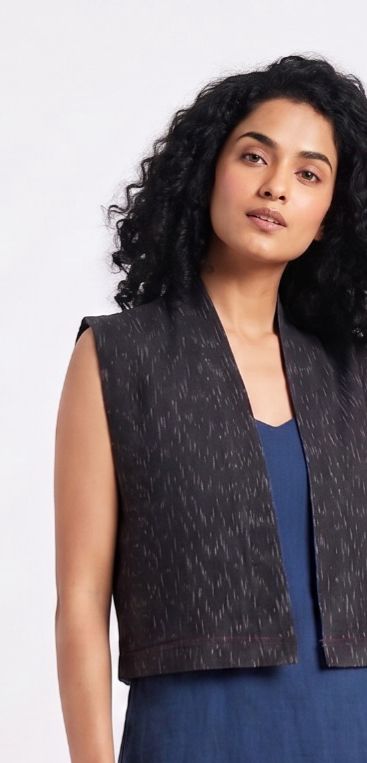 Handwoven Ikat Tussar Silk Vest-  Indigo