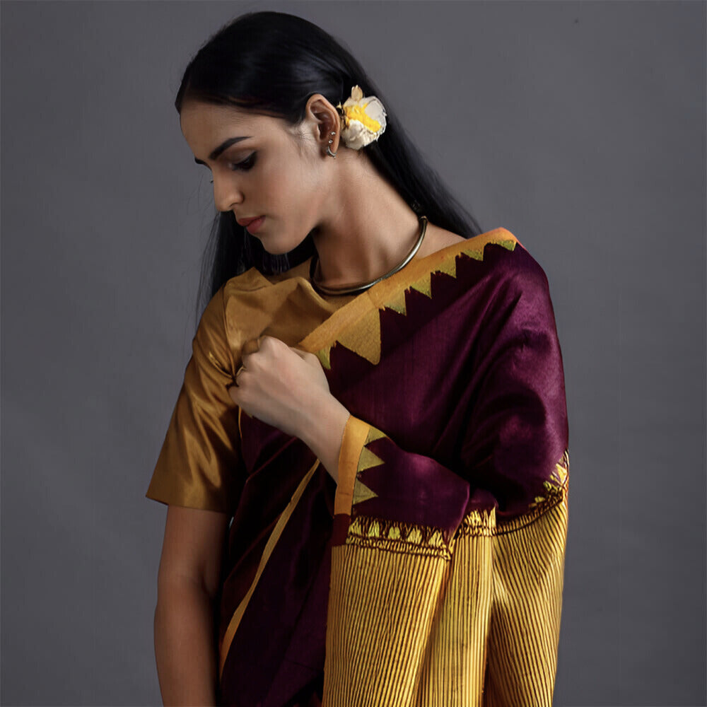 Kumbha Handwoven Tussar Silk Saree - Midnight Maroon