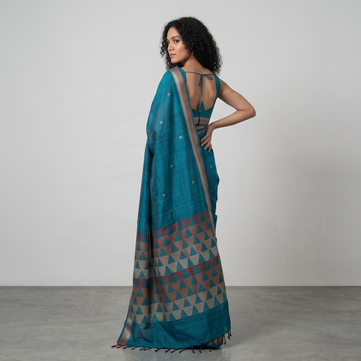 BHOR Handwoven Tussar Silk Saree - Teal Blue