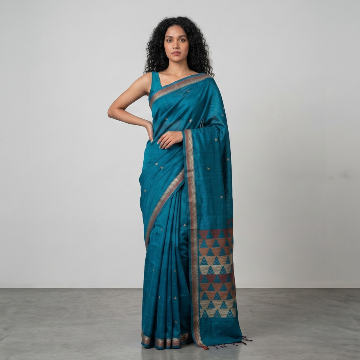 BHOR Handwoven Tussar Silk Saree - Teal Blue