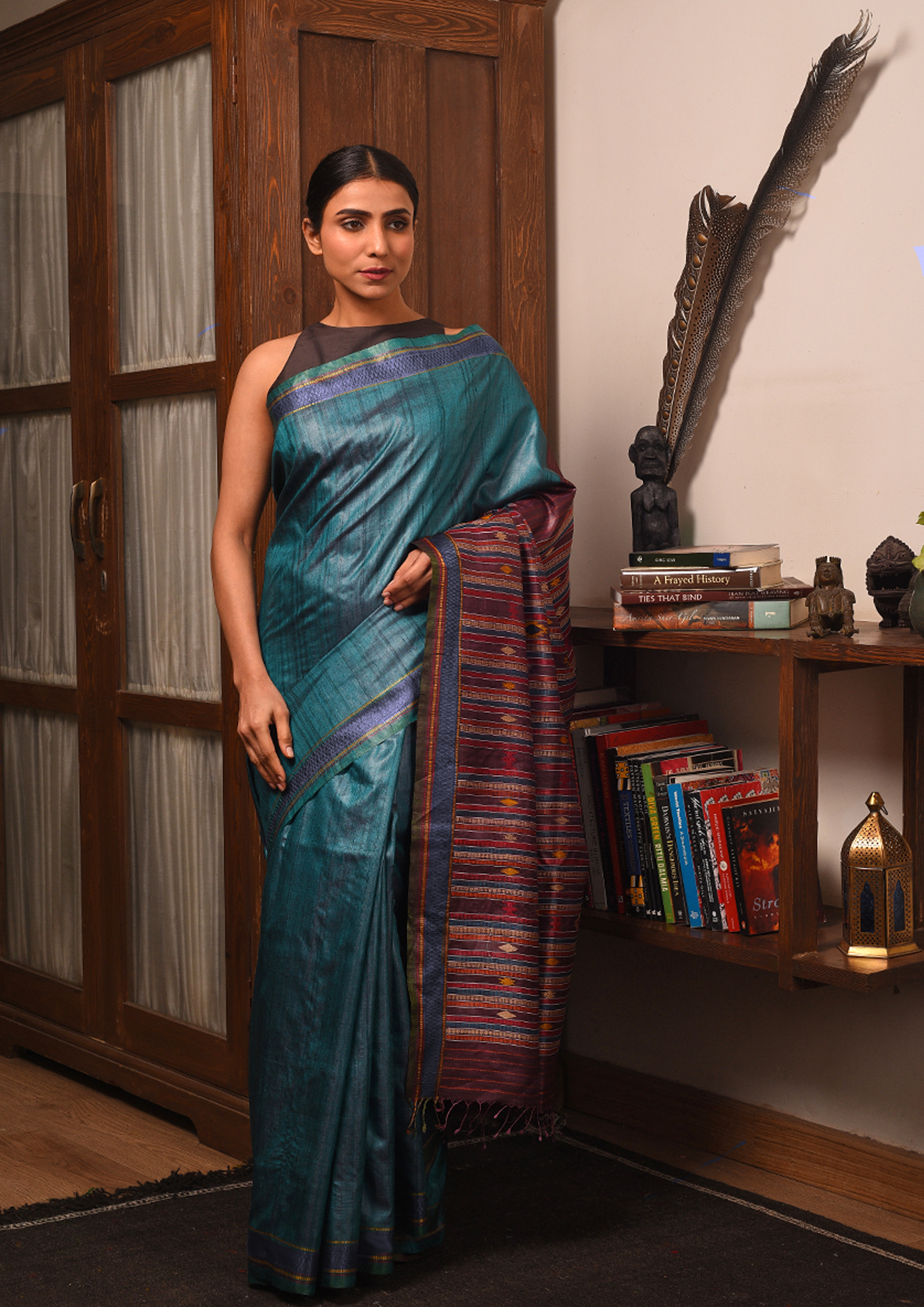 BOMKAI Handwoven Tussar Silk Saree - Teal Blue - Vriksh Designs