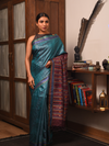 BOMKAI Handwoven Tussar Silk Saree - Teal Blue - Vriksh Designs
