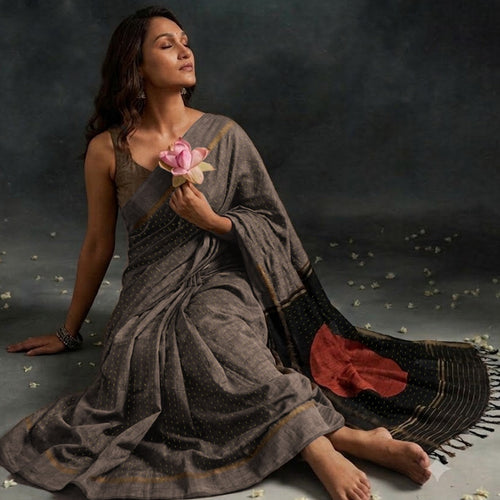 SHUNYA Ikat Silk Handwoven Sari - Silver Black