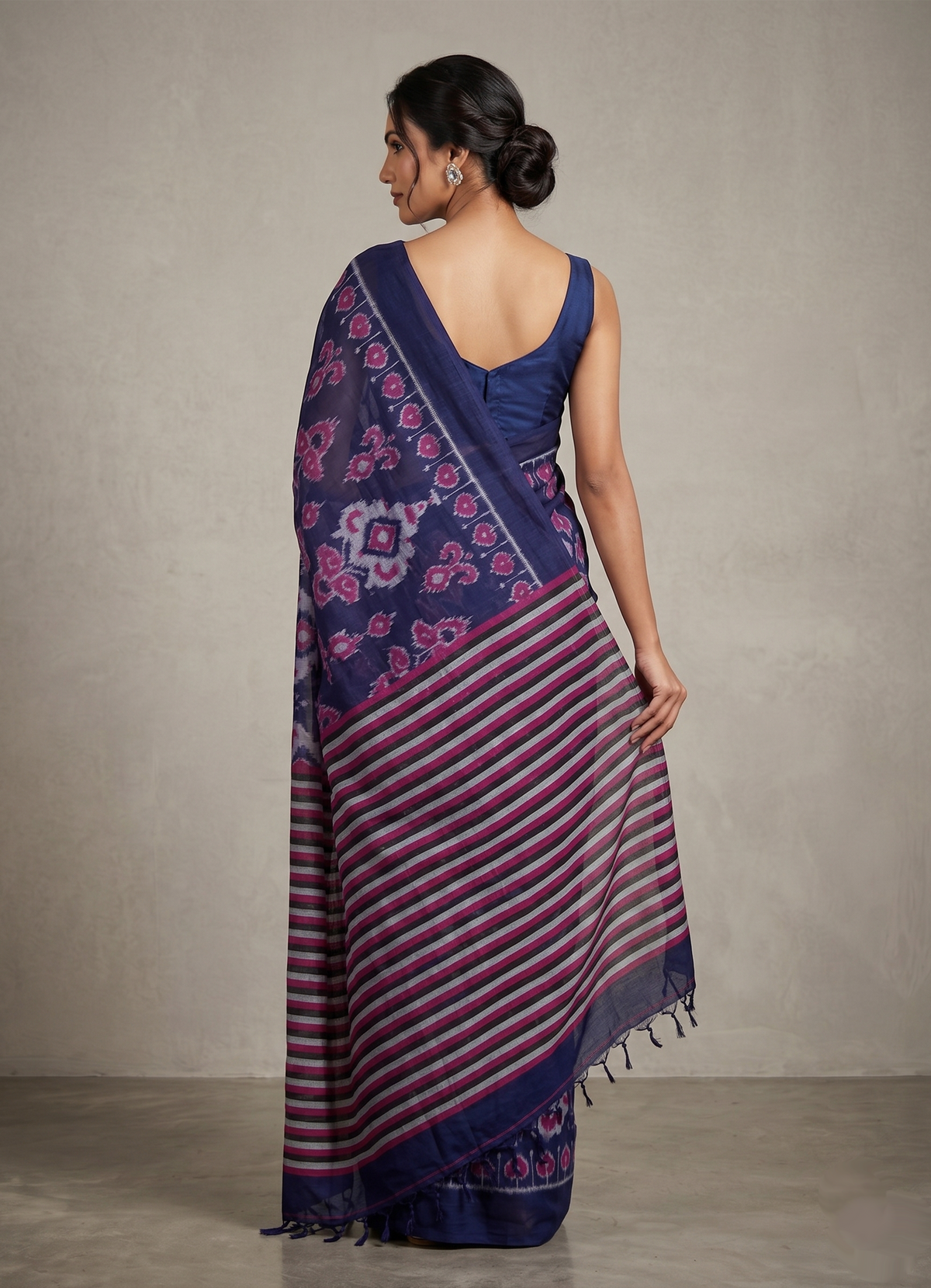 Lotus Handloom Cotton Ikat Saree - Indigo