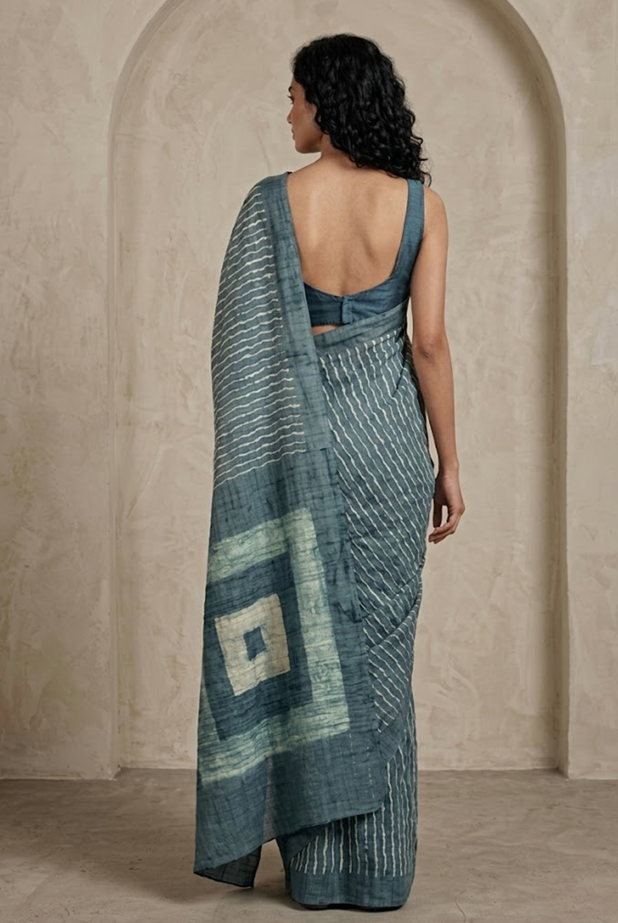 DABU Lahriya  Tussar Silk Sari - indigo