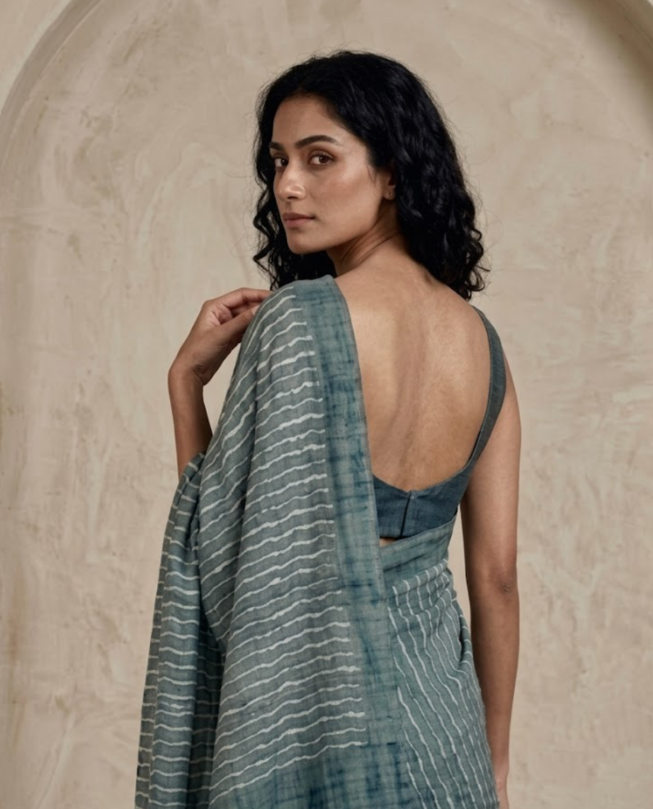 DABU Lahriya  Tussar Silk Sari - indigo