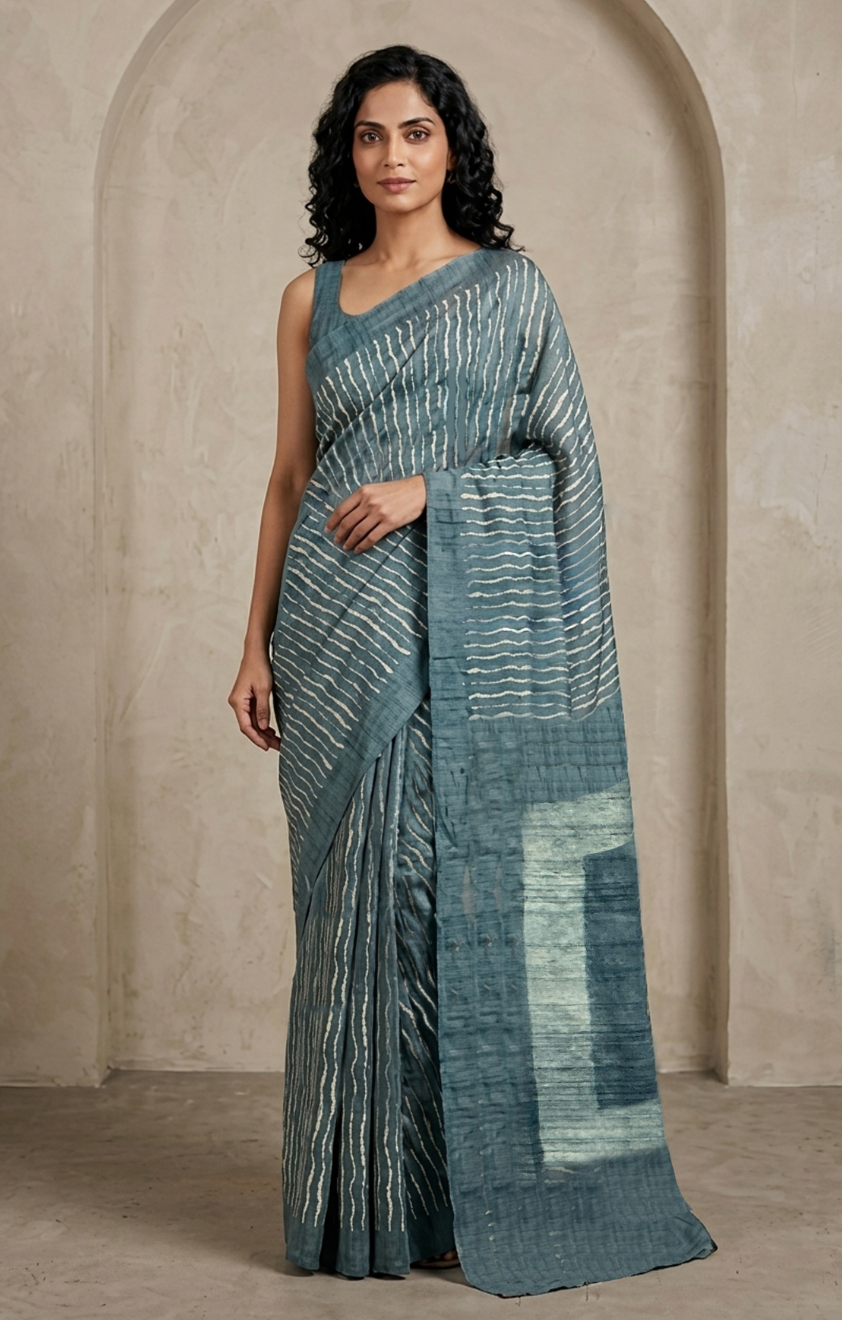 DABU Lahriya  Tussar Silk Sari - indigo