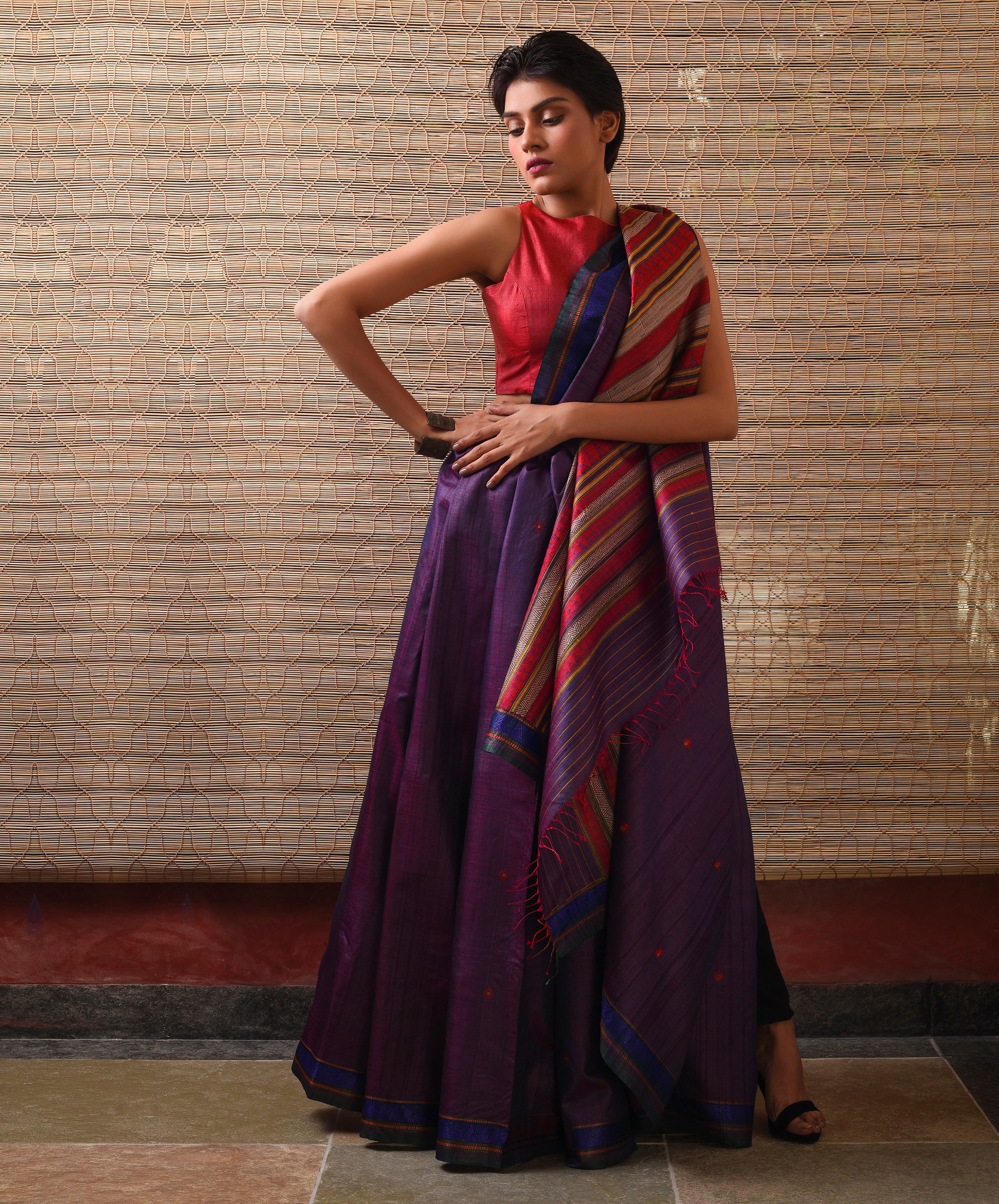 DONGRIA Tussar Silk Saree - Aubergine