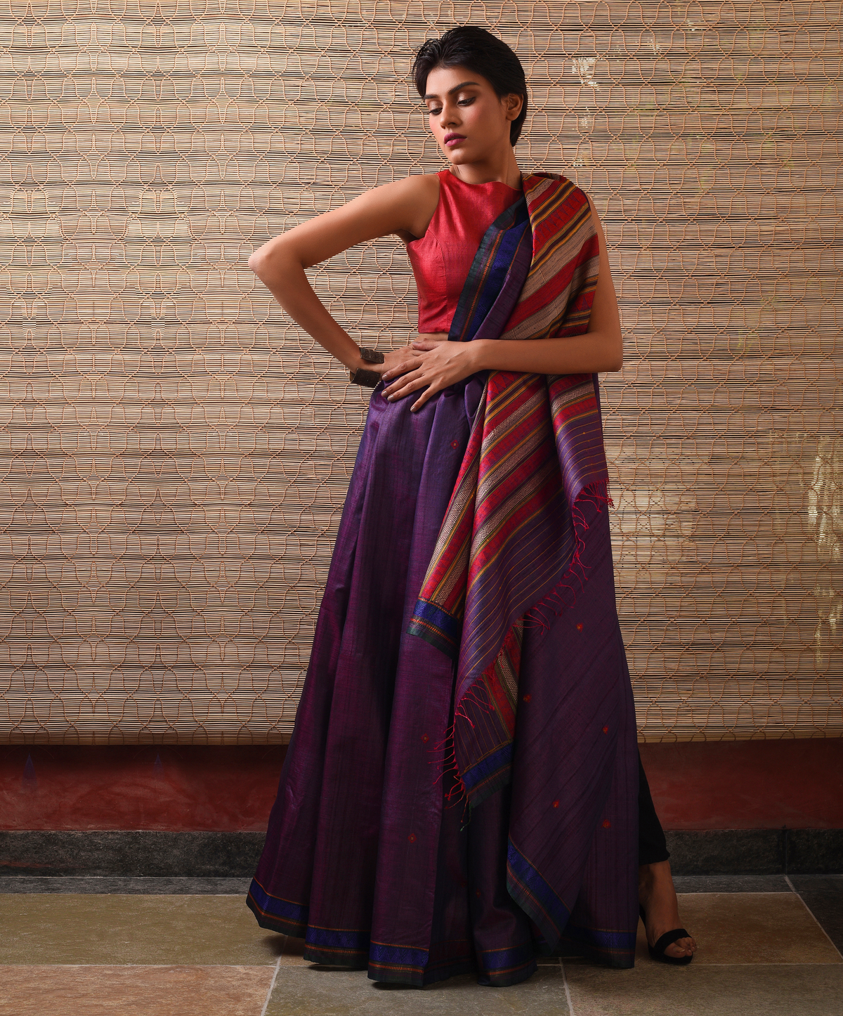 DONGRIA Tussar Silk Saree - Aubergine