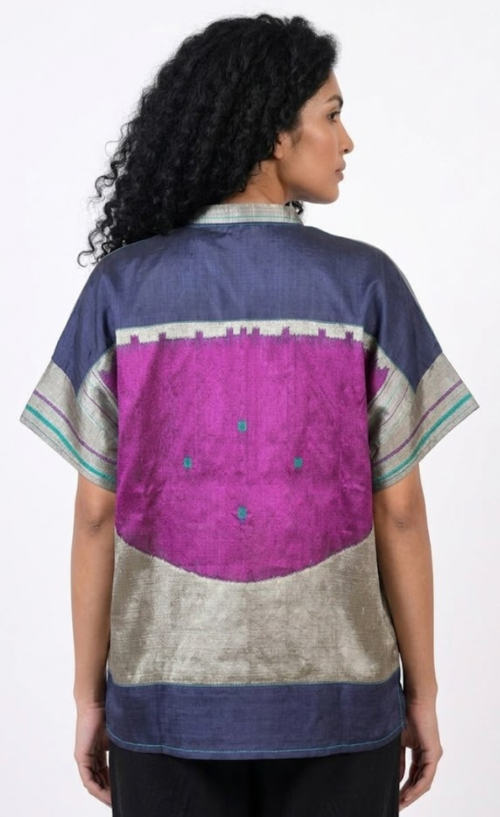 Handwoven Ikat Silk Shirt (Chaand ) Blue
