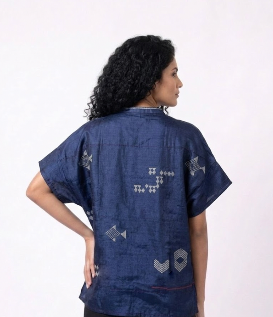 Handwoven Ikat Tussar Silk Shirt Indigo