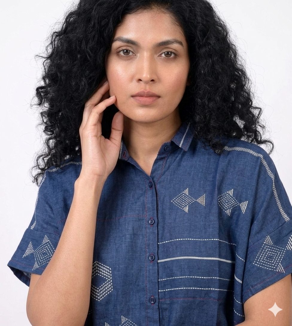 Handwoven Ikat Tussar Silk Shirt Indigo