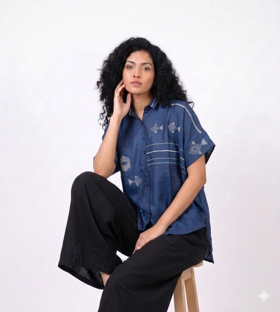 Handwoven Ikat Tussar Silk Shirt Indigo
