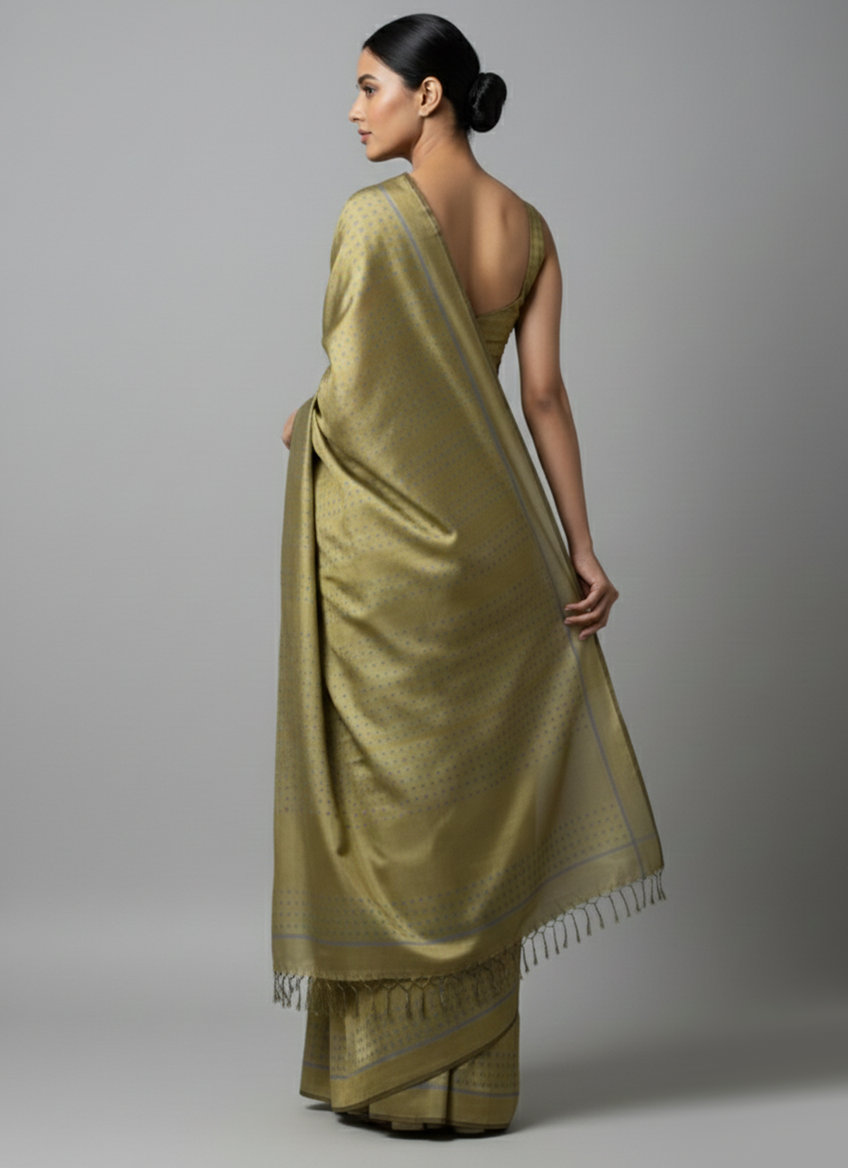 GOONJ Thippa Ikat Handwoven Silk Saree- Olive Mauve