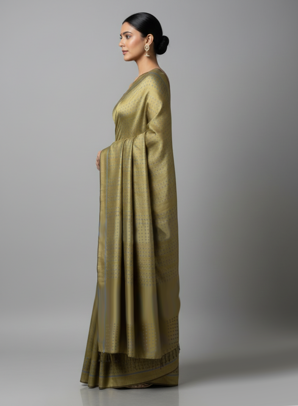GOONJ Thippa Ikat Handwoven Silk Saree- Olive Mauve