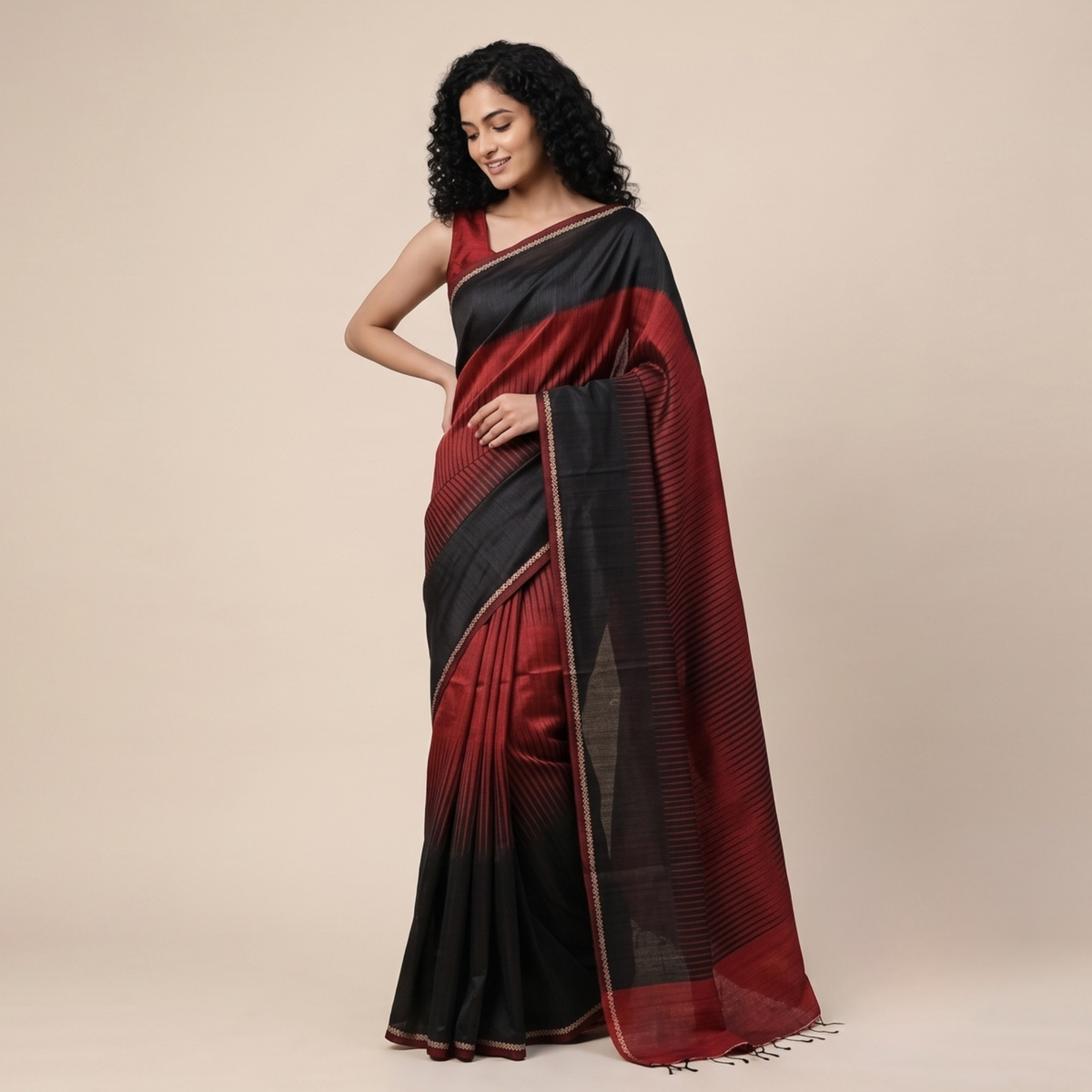 JWALA Handwoven Silk Ikat Saree - Black Red