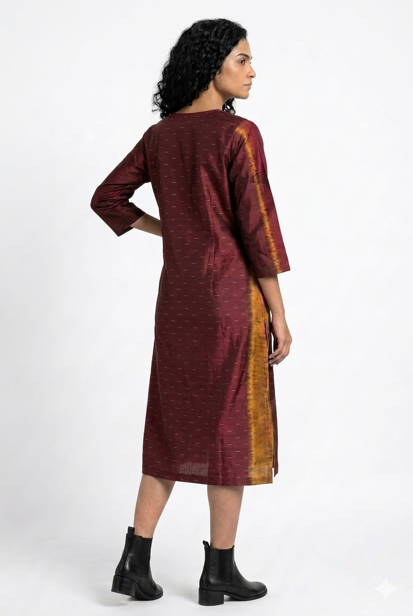 Handwoven Ikat Silk Kurta Dress  Maroon