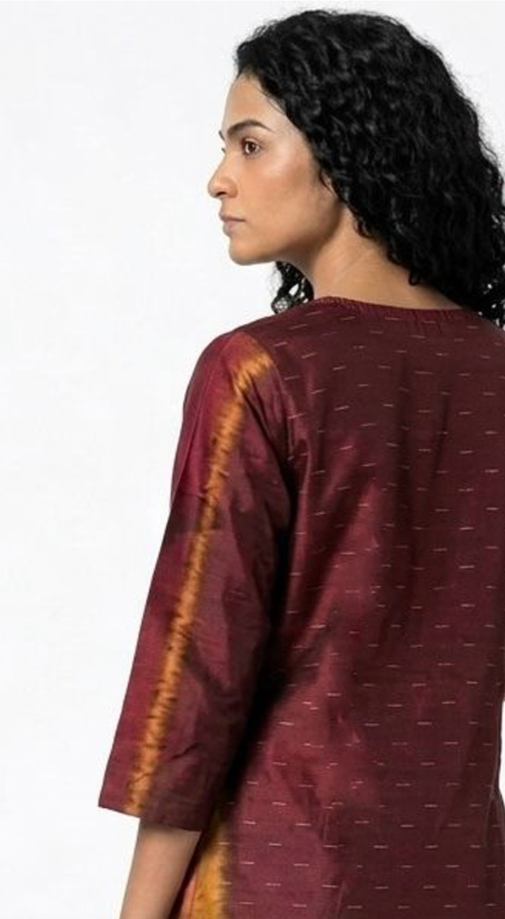 Handwoven Ikat Silk Kurta Dress  Maroon