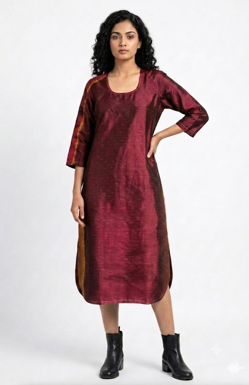 Handwoven Ikat Silk Kurta Dress  Maroon