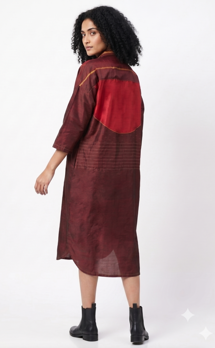 Handwoven Ikat Silk Shirt Dress Maroon