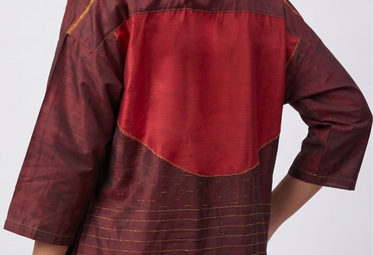 Handwoven Ikat Silk Shirt Dress Maroon