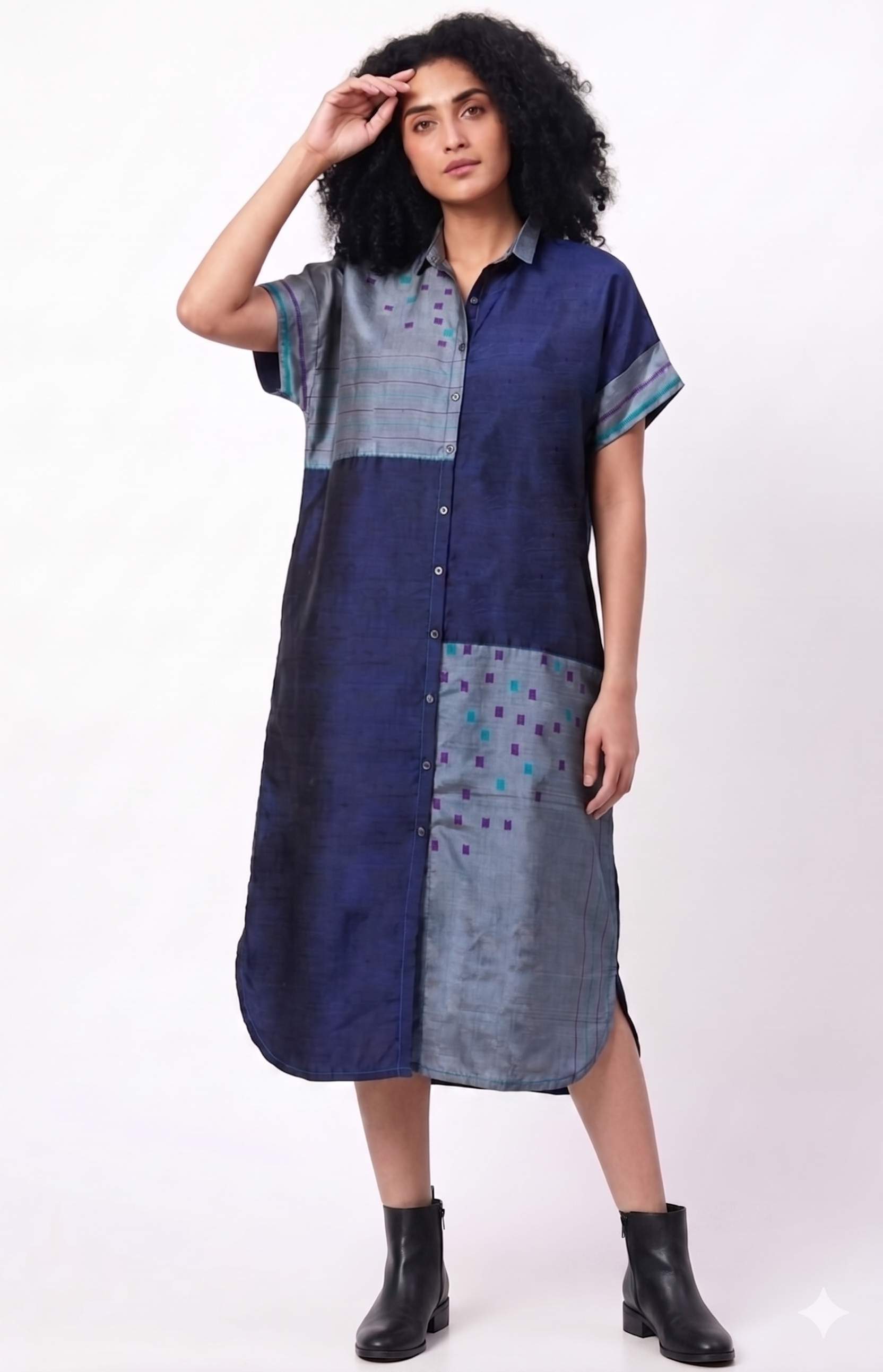 Handwoven Ikat Silk Shirt Dress Indigo