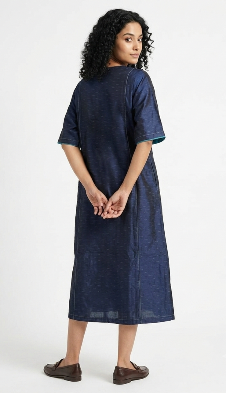 Handwoven Ikat Silk Anarkali Dress Indigo