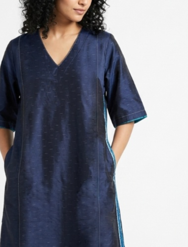 Handwoven Ikat Silk Anarkali Dress Indigo