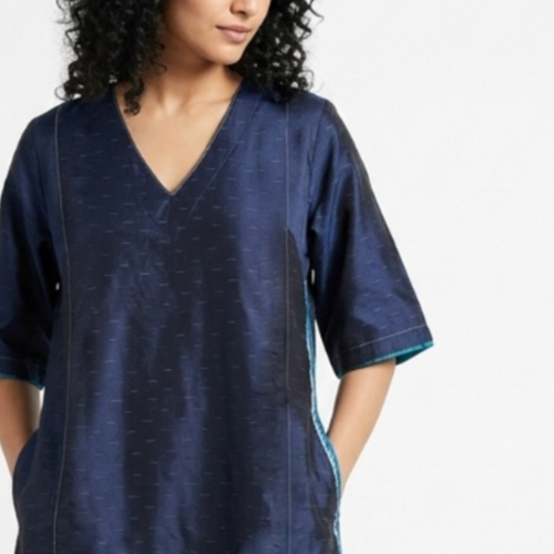 Handwoven Ikat Silk Anarkali Dress- Indigo