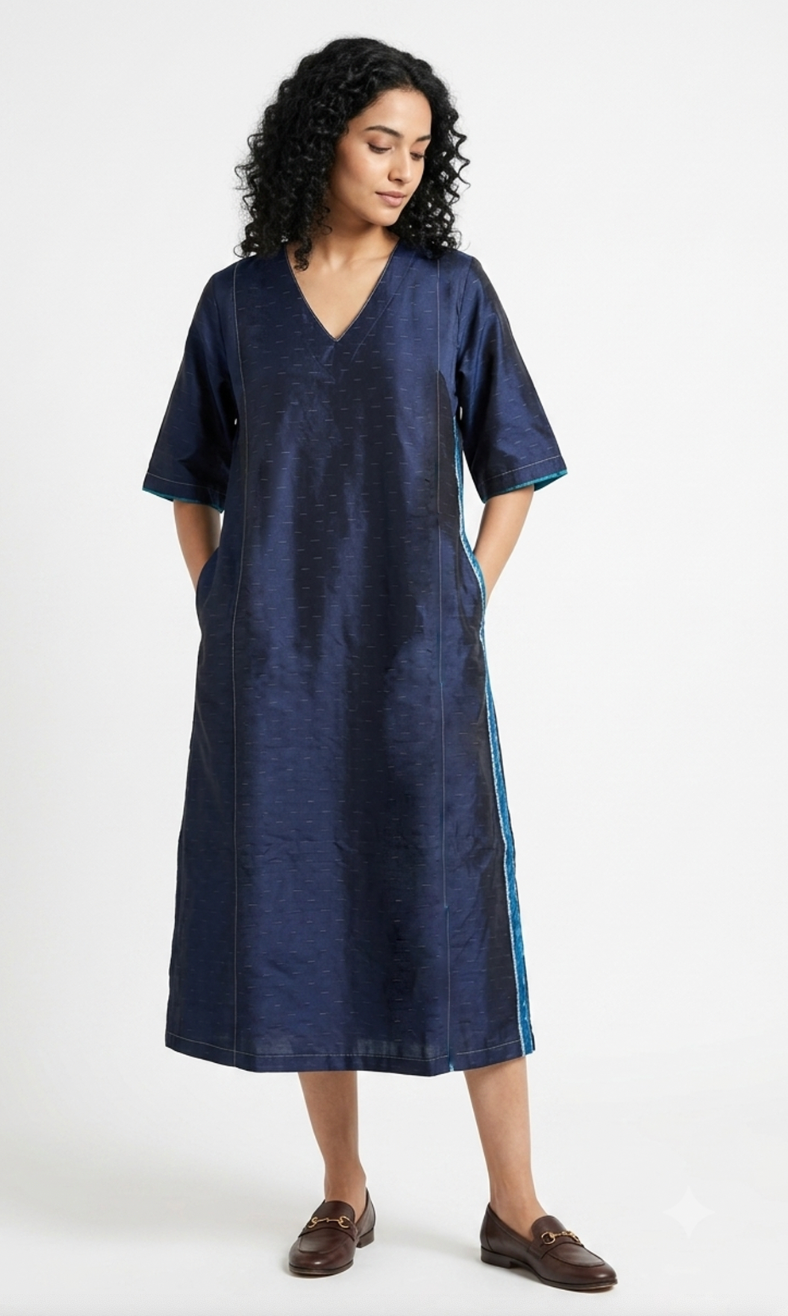 Handwoven Ikat Silk Anarkali Dress Indigo