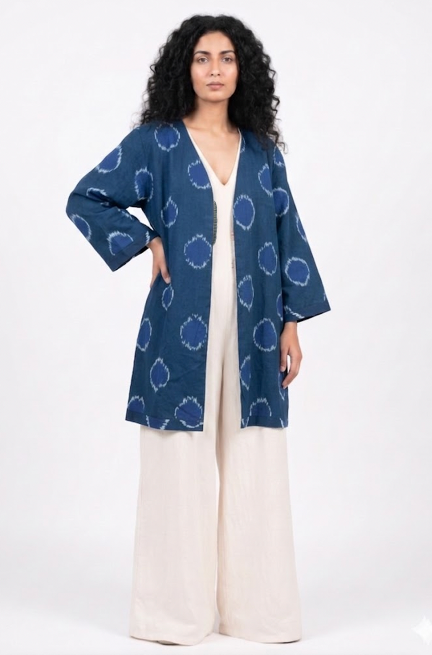 Handwoven Ikat Silk Reversible Jacket Indigo