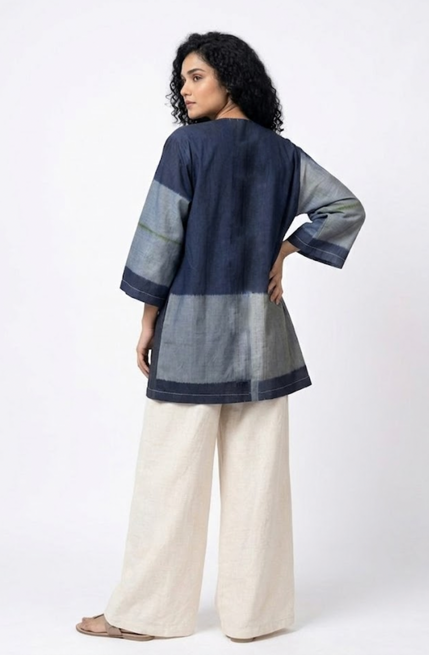 Handwoven Ikat Silk Reversible Jacket Indigo