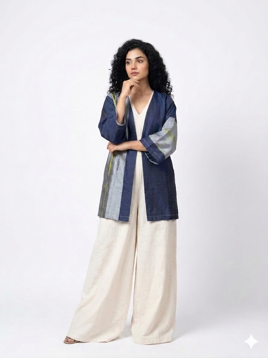Handwoven Ikat Silk Reversible Jacket Indigo