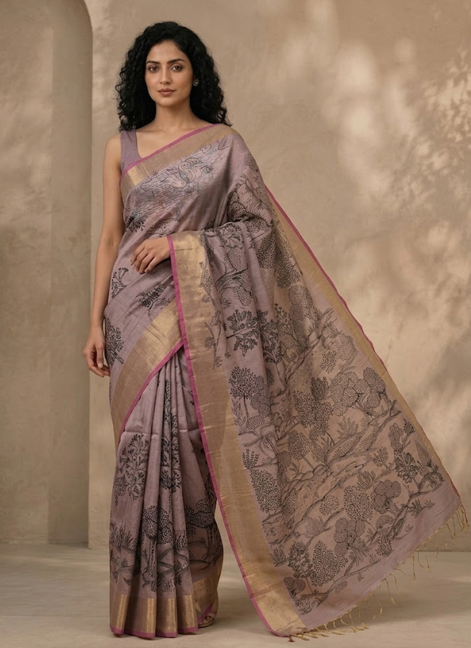 PATTACHITRA Handwoven Tussar Silk Saree- Blush Grey