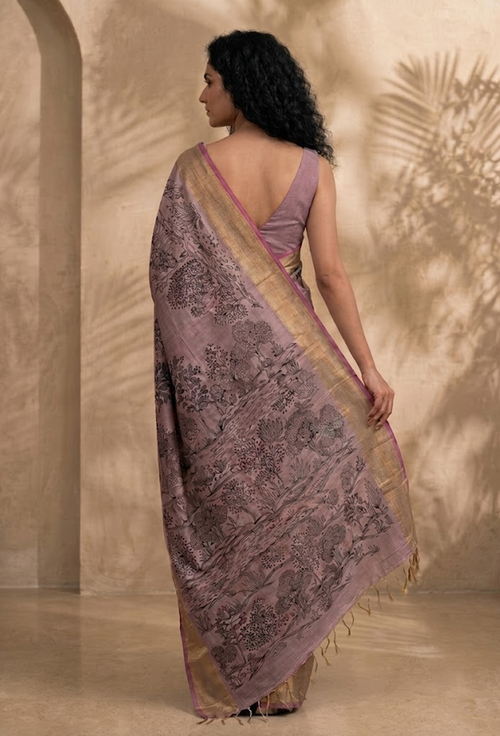 PATTACHITRA Handwoven Tussar Silk Saree- Blush Grey