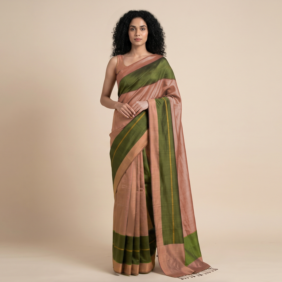Rekha Ikat Silk Saree - Peach and Green
