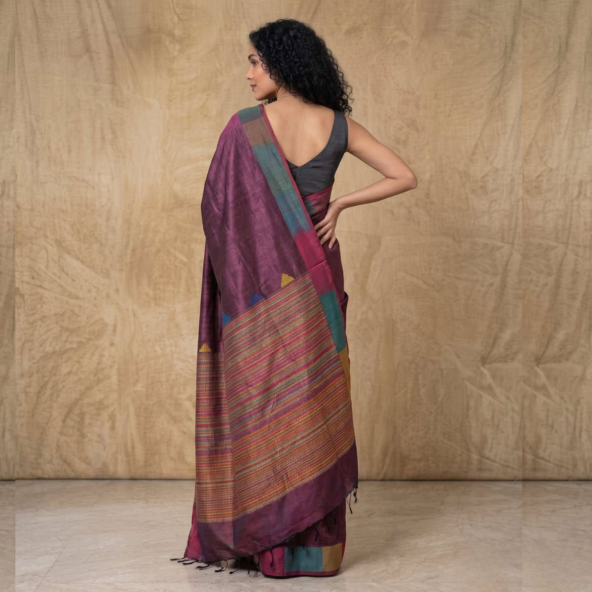 Ikat Tussar Satrang Silk Saree - Burgundy Multi