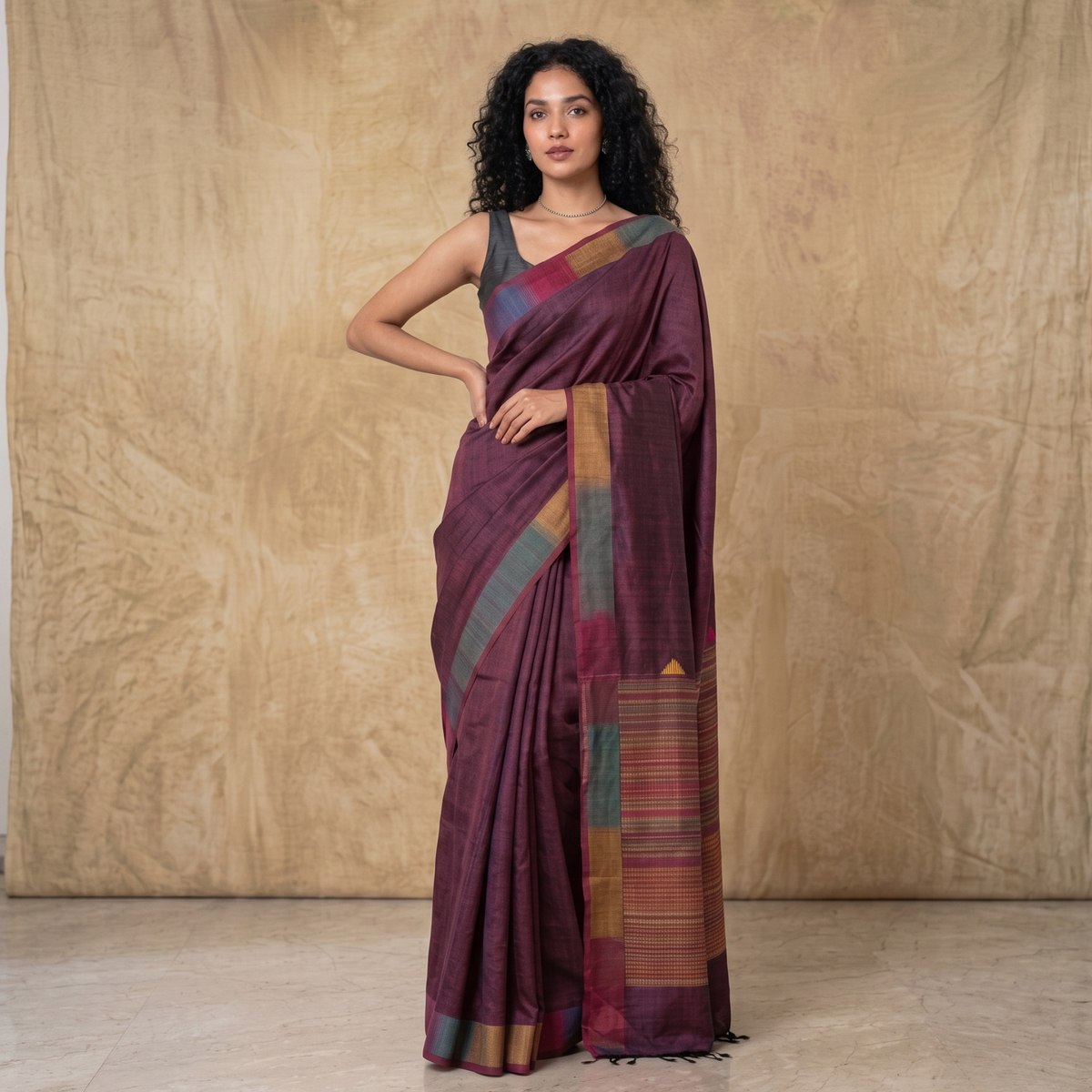 Ikat Tussar Satrang Silk Saree - Burgundy Multi