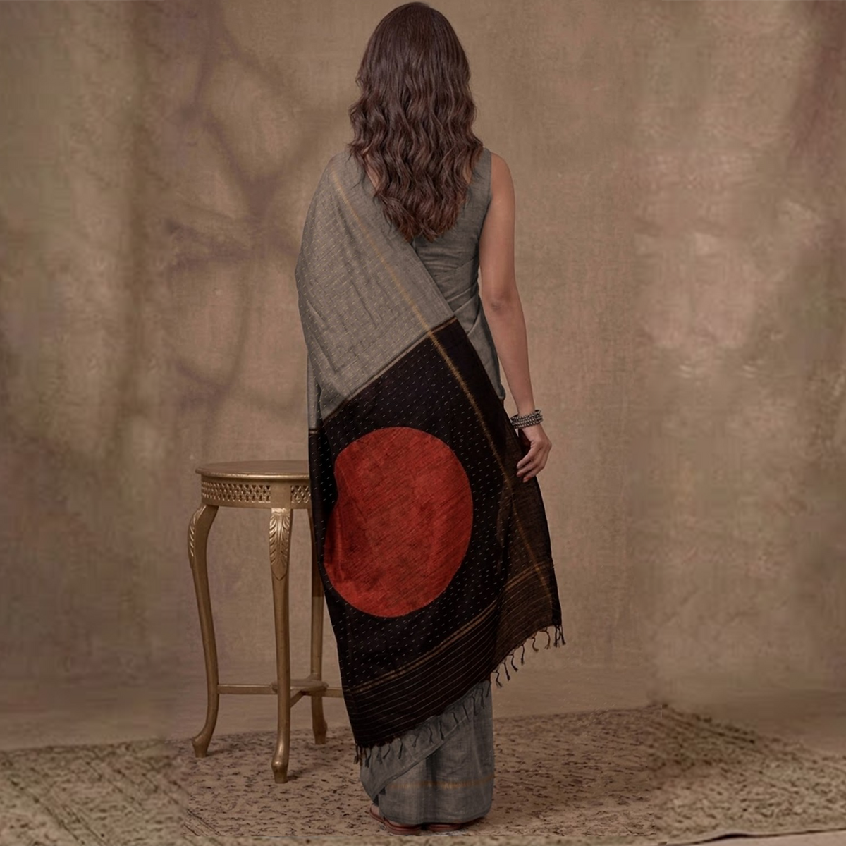 SHUNYA Ikat Silk Handwoven Sari - Silver Black