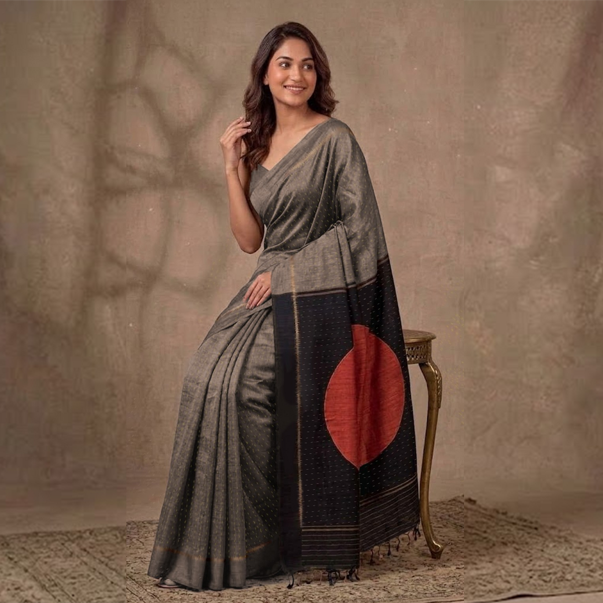 SHUNYA Ikat Silk Handwoven Sari - Silver Black