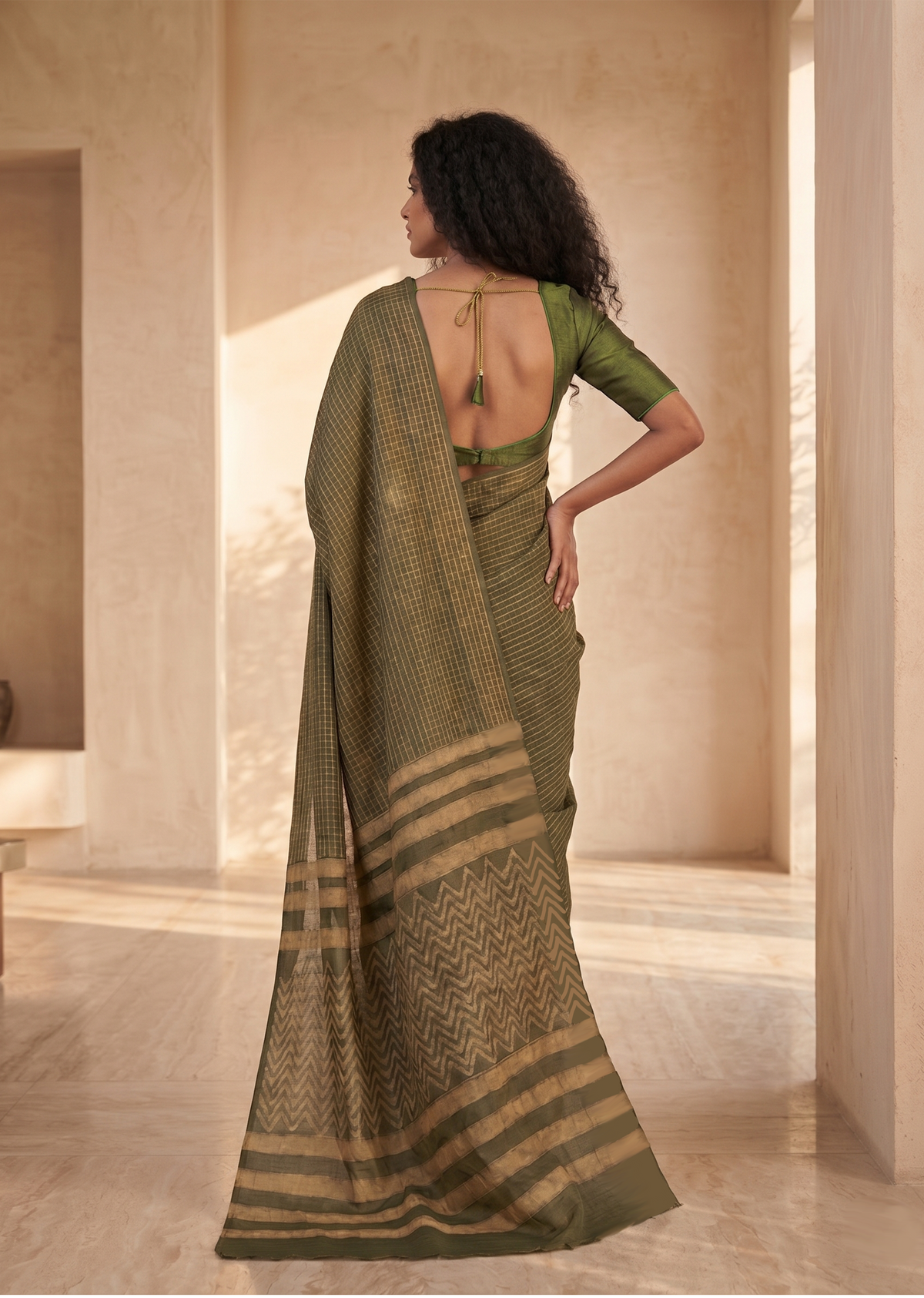 DABU  Small Checks Tussar Silk Sari - Green