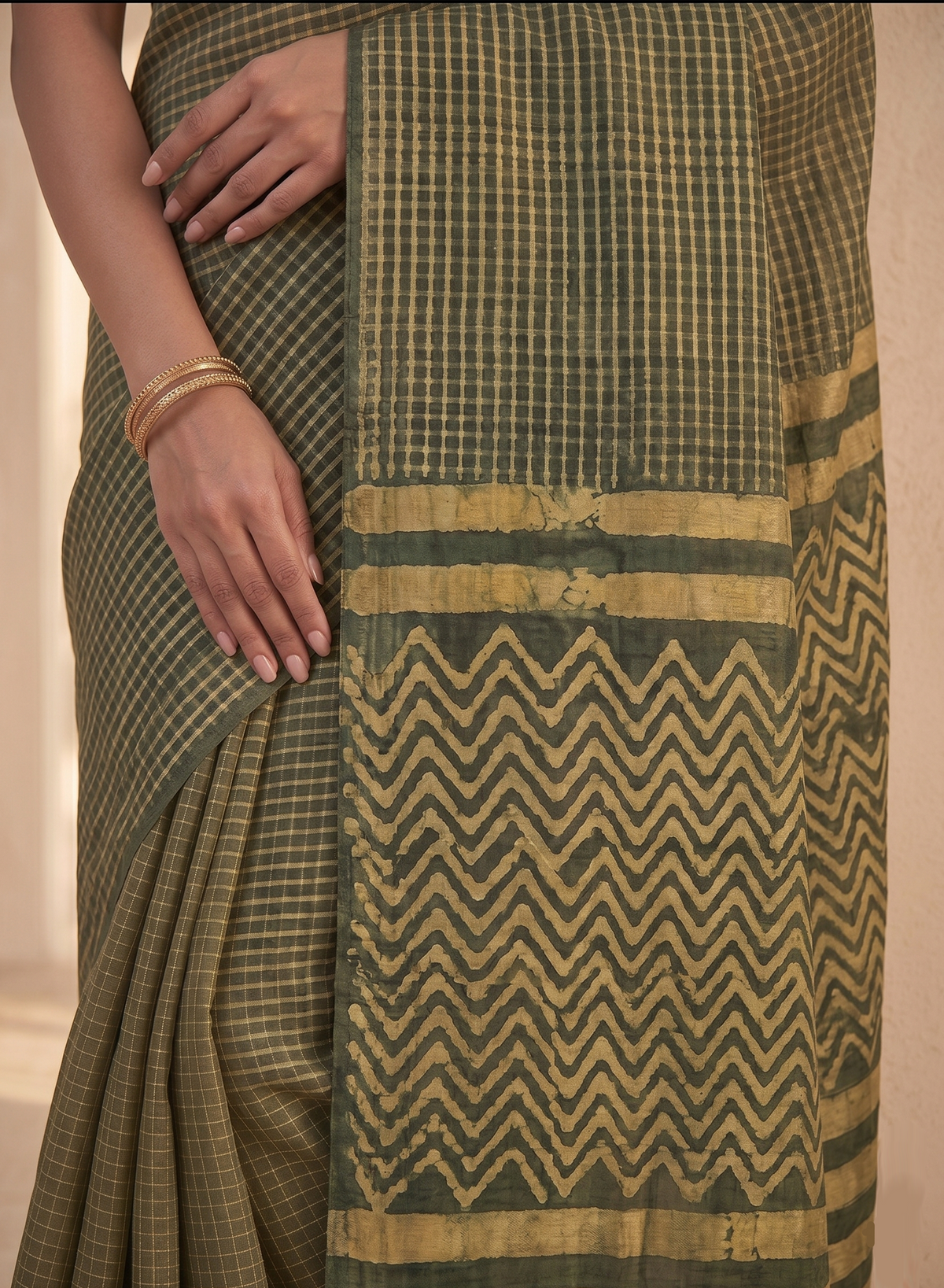 DABU  Small Checks Tussar Silk Sari - Green