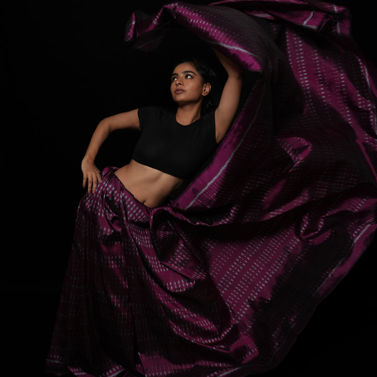 GOONJ Thippa Ikat Handwoven Silk Saree -  Plum