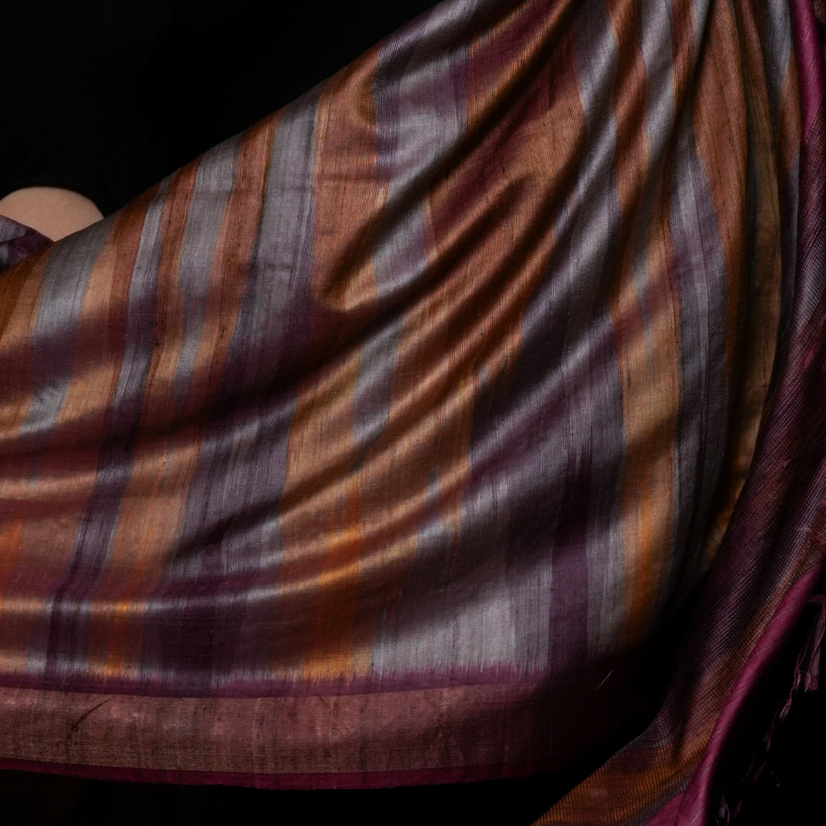 IKAT Tussar Megha Silk Saree - Golden Wine