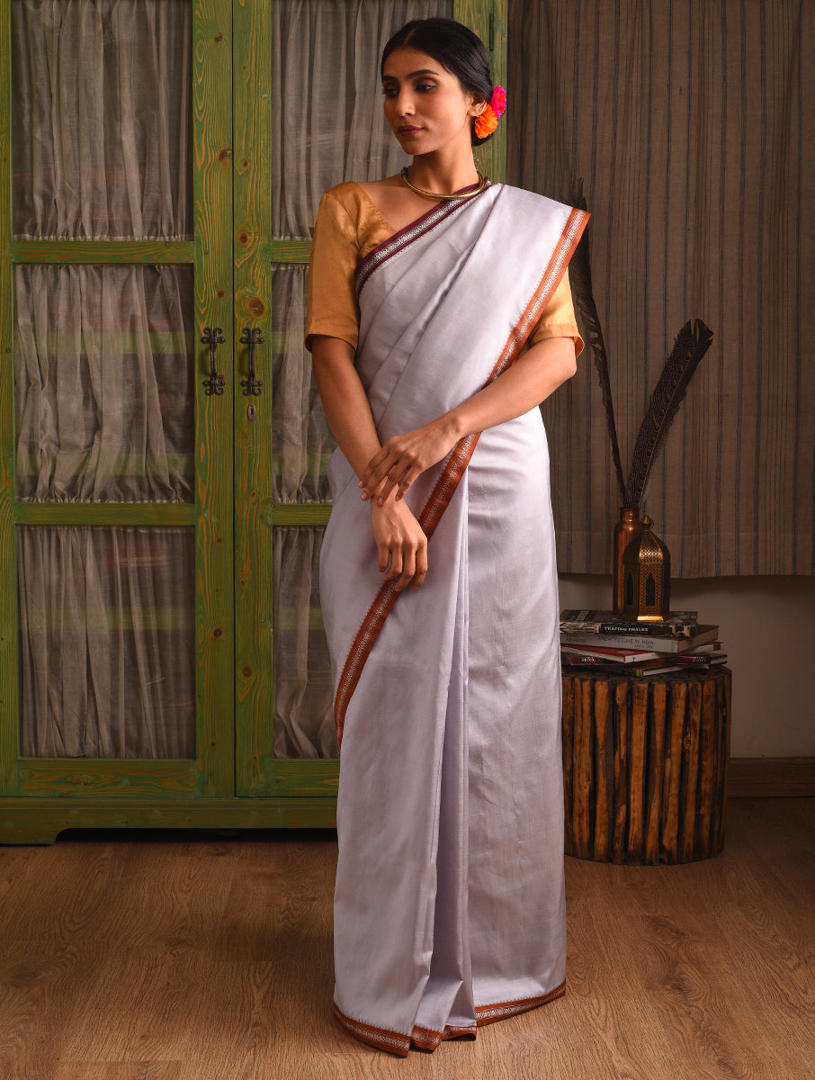 SANJUKTA Handwoven Silk Saree - Titanium  White - Vriksh Designs