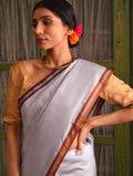 SANJUKTA Handwoven Silk Saree - Titanium  White - Vriksh Designs