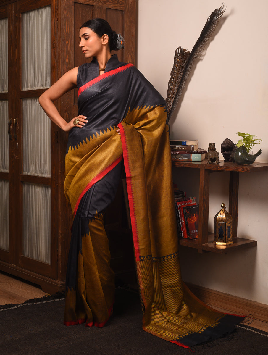 BADHTE KADAM KUMBHA Tussar Silk Saree - Black Gold - Vriksh Designs