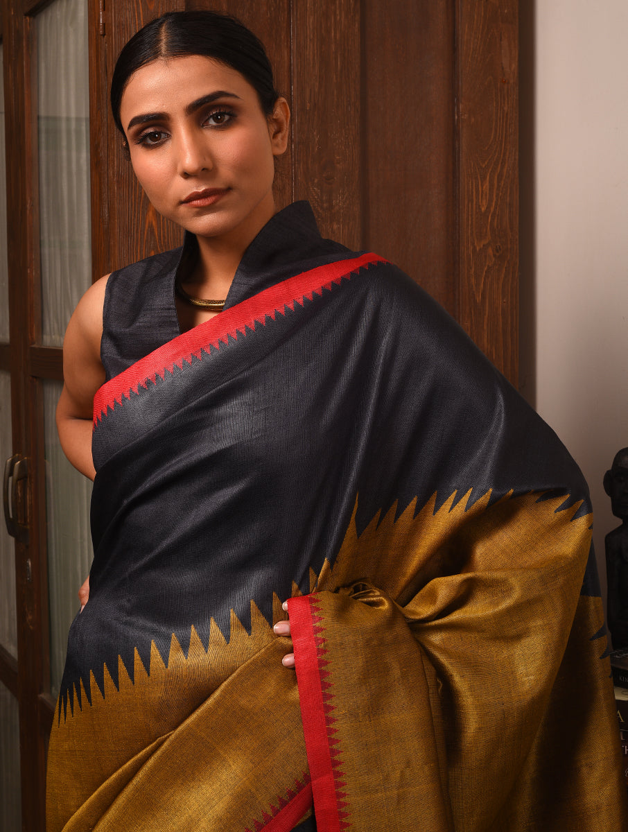 BADHTE KADAM KUMBHA Tussar Silk Saree - Black Gold - Vriksh Designs