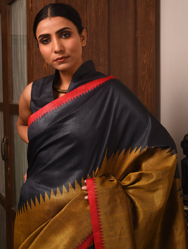 BADHTE KADAM KUMBHA Tussar Silk Saree - Black Gold - Vriksh Designs